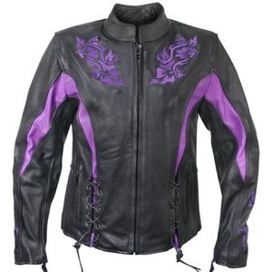 Xelement Women's 'Gemma' Black and Purple Leather Embroidered Jacket- Size Sm